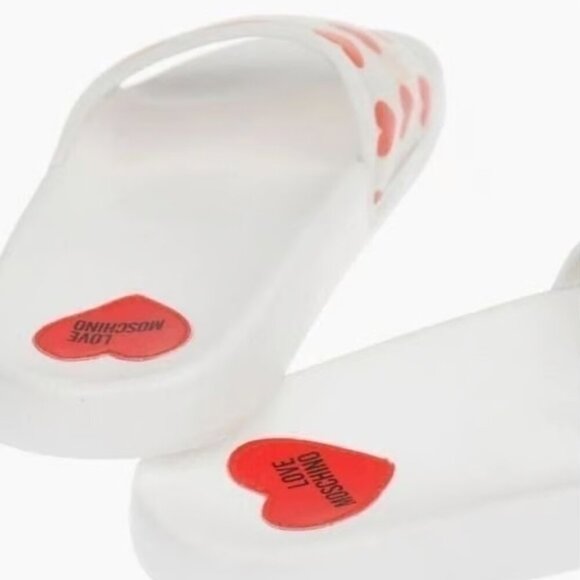 NWOT Love Moschino red & white heart print hologram flat pool slide sandals, 41 - Picture 5 of 16